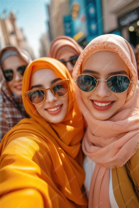 Three Muslim women in hijabs sharing a group selfie with joyous