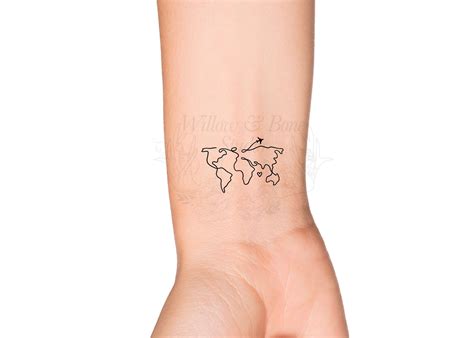 World Map Traveling Heart Love Outline Temporary Tattoo Flying Airplane ...