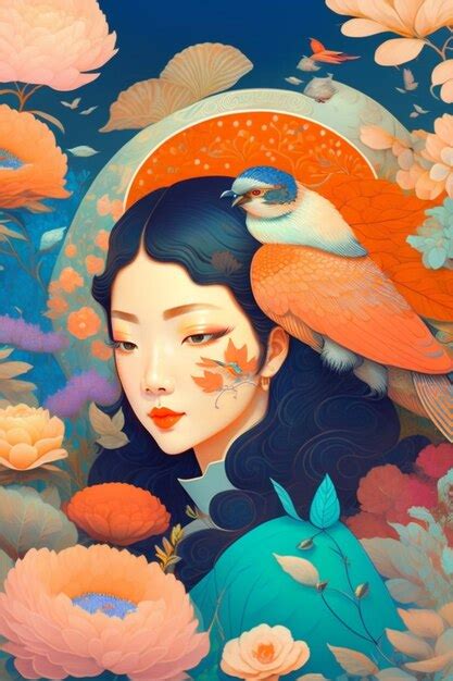 Premium AI Image | A painting of a woman with a bird on her head