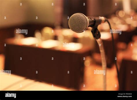 microphone in front of meeting room empty chairs before the conference ...