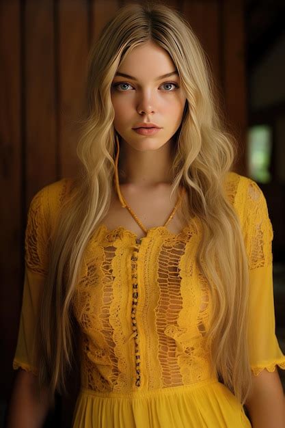 A blonde woman with long blonde hair wearing a yellow top with a gold ...