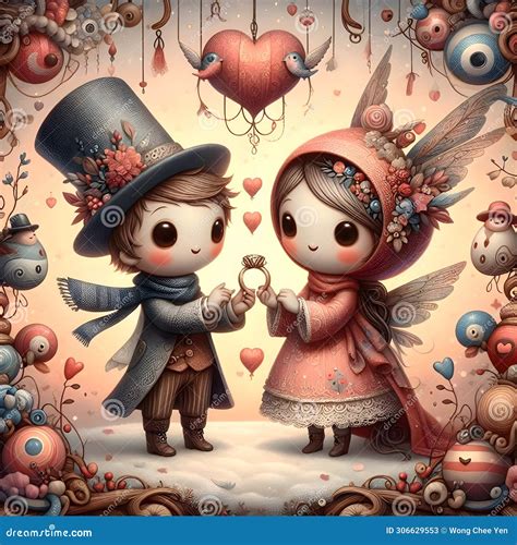 Whimsical Cute Wedding Ring Couple Valentine Illustration Stock