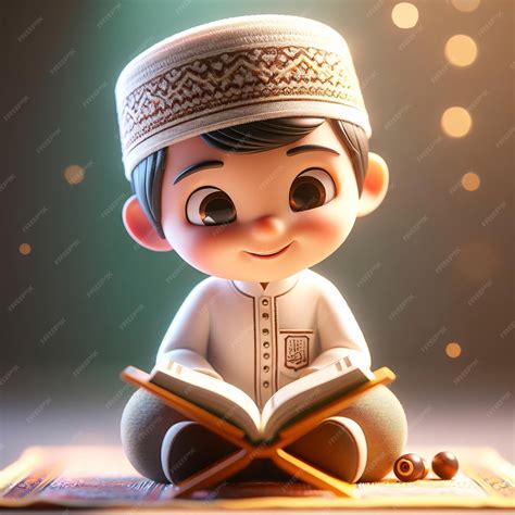 premium photo islamic attire  cartoon boy beams  reading quran