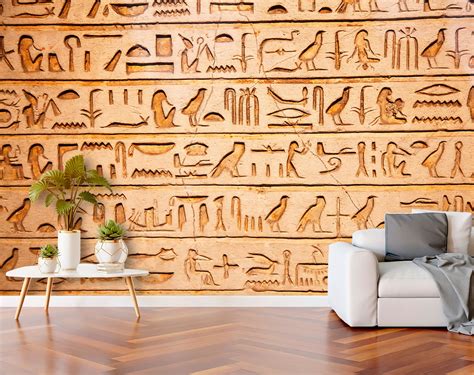 Wallpaper Egyptian Hieroglyphs on a Beige Clay Wall - Etsy