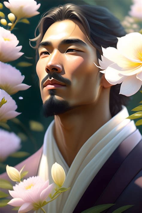 Lexica - Mixed race white Asian man,male, medium length hair smelling a