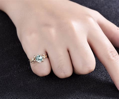 Round cut moss agate ring for women dainty Twig vintage moss agate eng