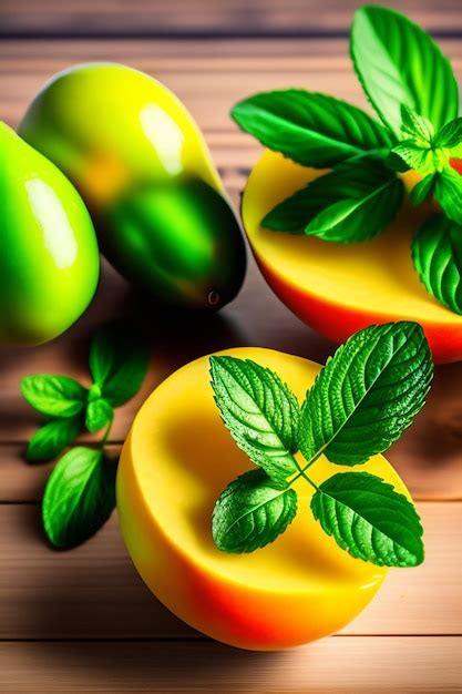 Premium Photo | A mango with mint leaves on it