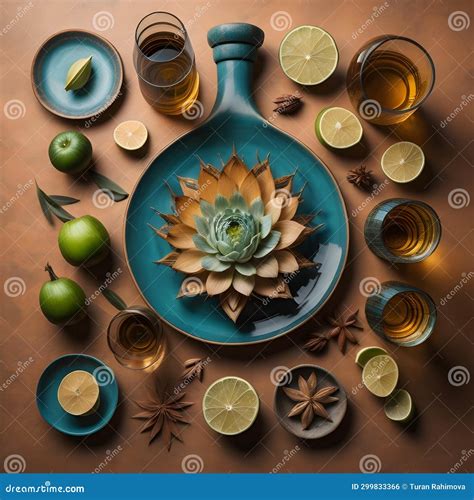 Flat Lay of Tequila, Lemon, Anise and Succulent Plant. Generative Ai