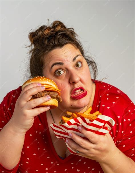Premium Photo | Fat woman eating burger and fries A photo of an