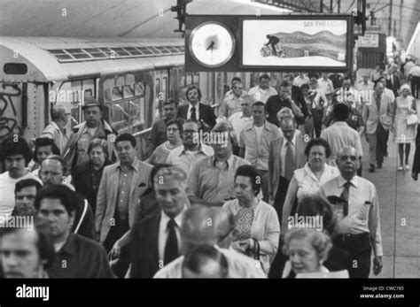 New York City Subway. Passengers exiting a train in the 1970s. Over 2 ...