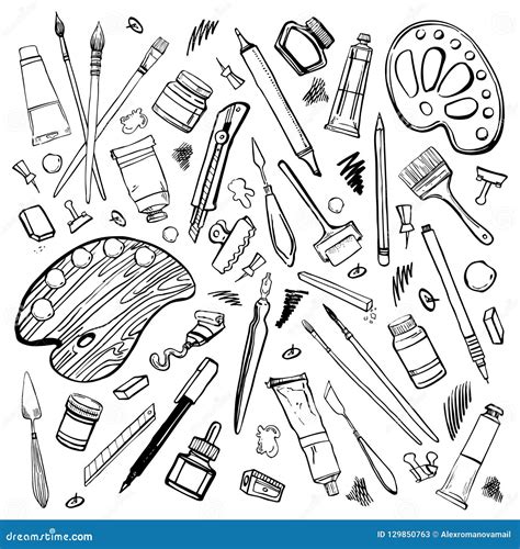 Set of Hand Drawn Sketch Vector Artist Materials. Black and White