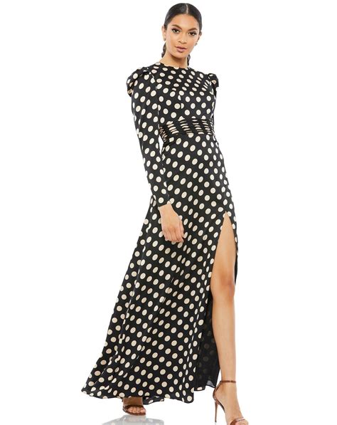 Black/White Mac Duggal 26572 Long Sleeve Polka Dot Formal Dress for