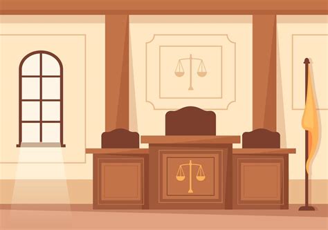 Court Room Interior with Judge or Jury Table, Flag and Wooden Judge's ...