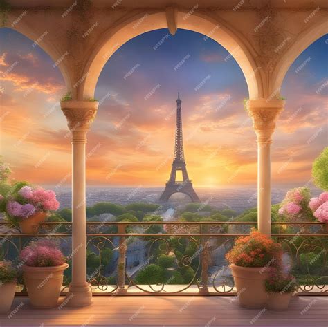 Premium AI Image | a balcony with a view of the eiffel tower